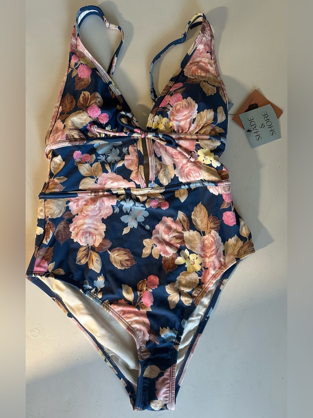 Shade & Shore Navy Floral One-Piece Swimsuit with Pink and Cream Flowers